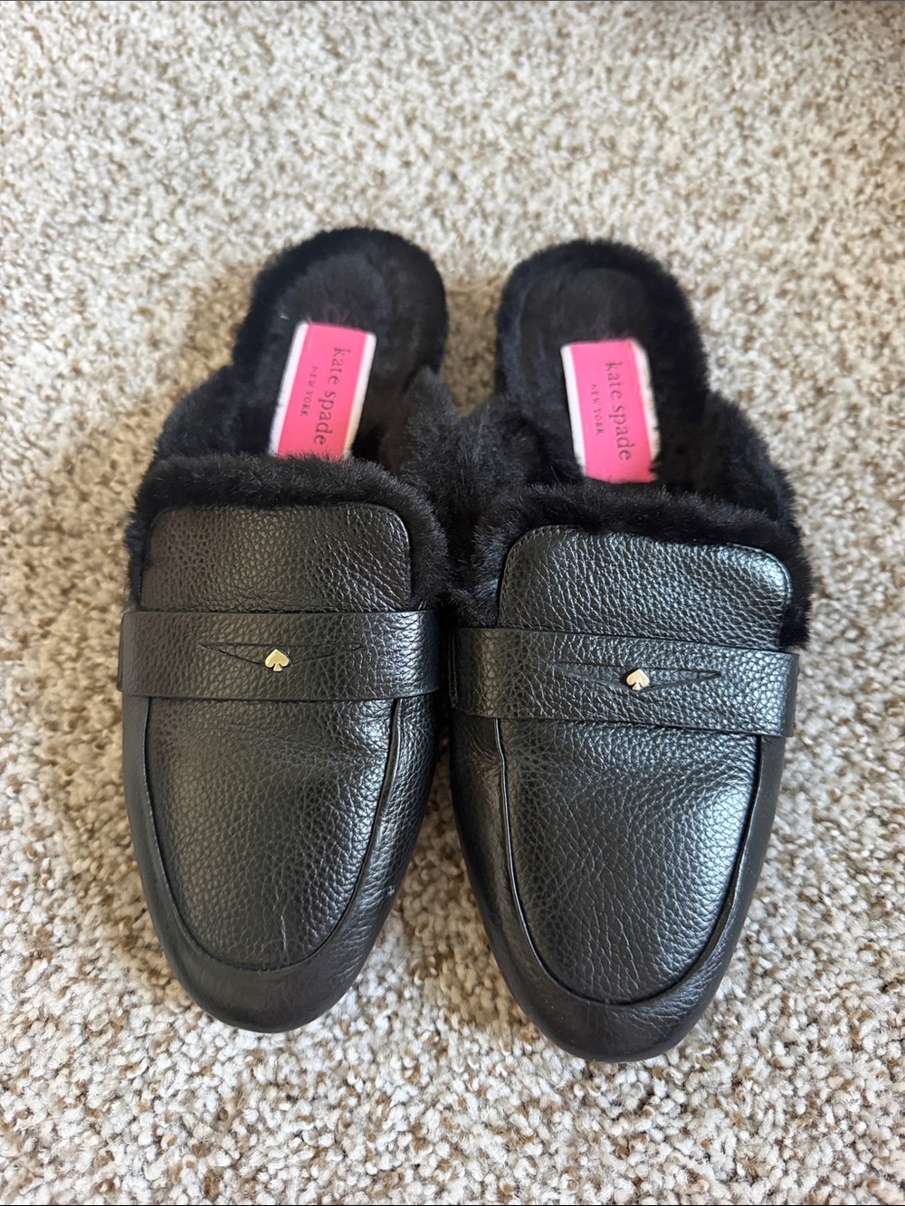 kate spade Black Leather Fur-Lined Mule Loafers with Gold Spade Accent